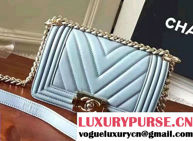 Chanel Shine Gold Hardware Boy Chevron Flap Small Bag Light Blue 2017