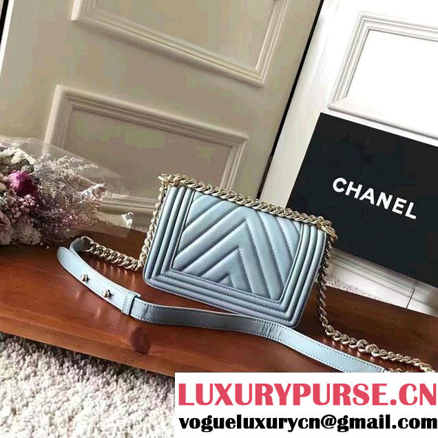 Chanel Shine Gold Hardware Boy Chevron Flap Small Bag Light Blue 2017