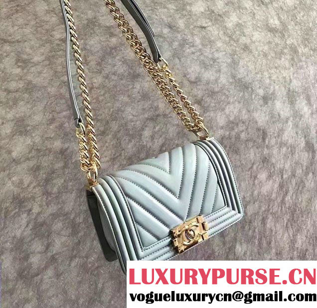 Chanel Shine Gold Hardware Boy Chevron Flap Small Bag Light Blue 2017