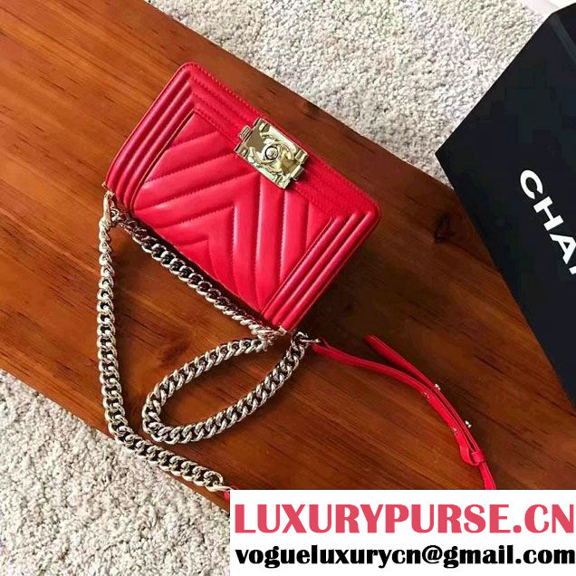 Chanel Shine Gold Hardware Boy Chevron Flap Small Bag Red 2017