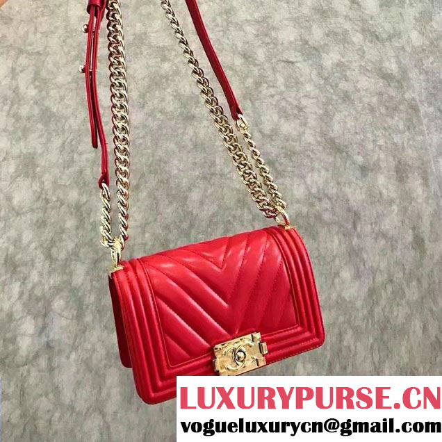 Chanel Shine Gold Hardware Boy Chevron Flap Small Bag Red 2017