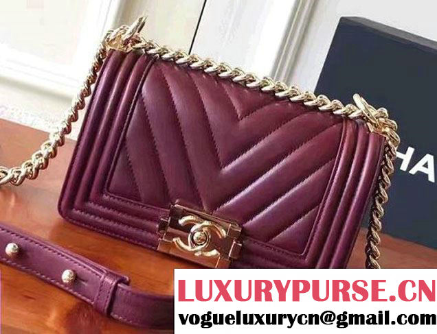 Chanel Shine Gold Hardware Boy Chevron Flap Small Bag Burgundy 2017