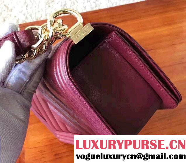 Chanel Shine Gold Hardware Boy Chevron Flap Small Bag Burgundy 2017