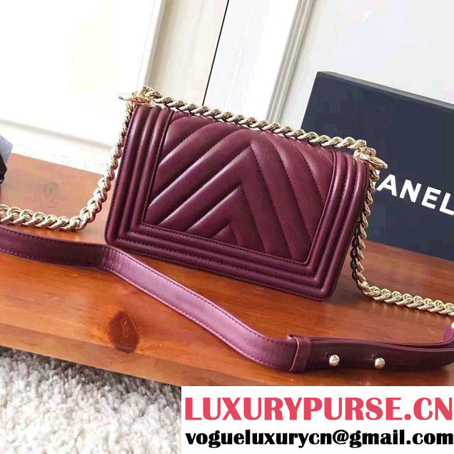 Chanel Shine Gold Hardware Boy Chevron Flap Small Bag Burgundy 2017