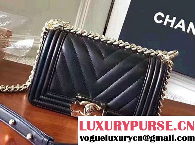 Chanel Shine Gold Hardware Boy Chevron Flap Small Bag Black 2017