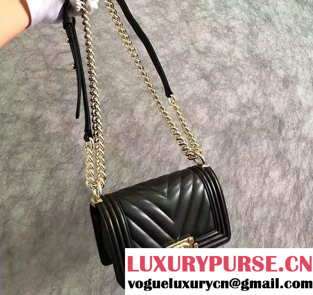 Chanel Shine Gold Hardware Boy Chevron Flap Small Bag Black 2017