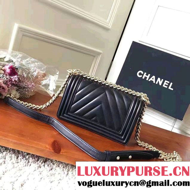 Chanel Shine Gold Hardware Boy Chevron Flap Small Bag Black 2017