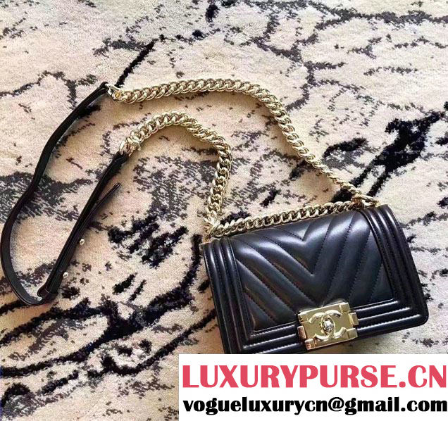 Chanel Shine Gold Hardware Boy Chevron Flap Small Bag Black 2017