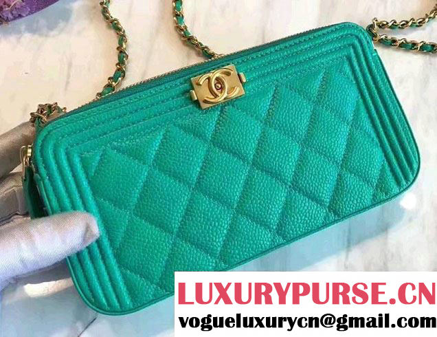 Chanel Grained Calfskin Boy Double Zipped Small Clutch Chain Phone Holder Bag A84069 Turquoise 2017