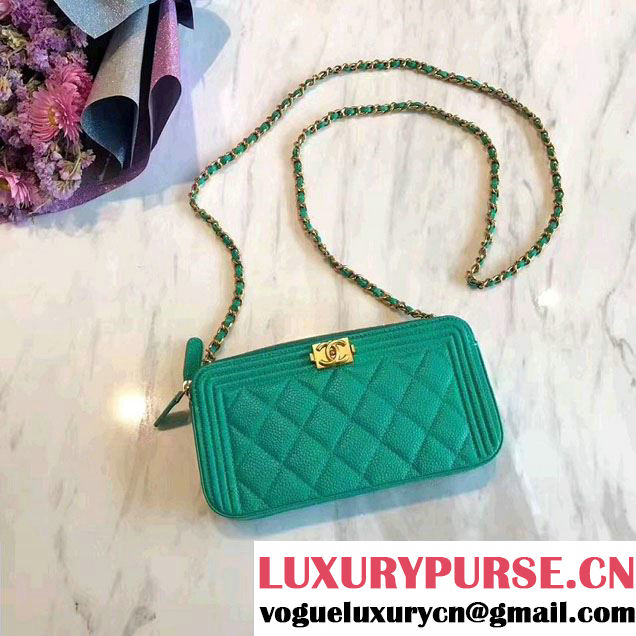 Chanel Grained Calfskin Boy Double Zipped Small Clutch Chain Phone Holder Bag A84069 Turquoise 2017