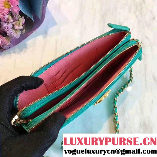 Chanel Grained Calfskin Boy Double Zipped Small Clutch Chain Phone Holder Bag A84069 Turquoise 2017