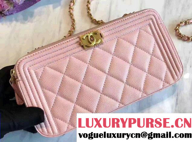 Chanel Grained Calfskin Boy Double Zipped Small Clutch Chain Phone Holder Bag A84069 Pink 2017