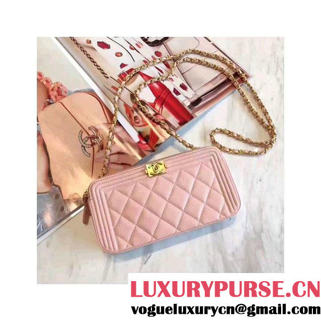 Chanel Grained Calfskin Boy Double Zipped Small Clutch Chain Phone Holder Bag A84069 Pink 2017