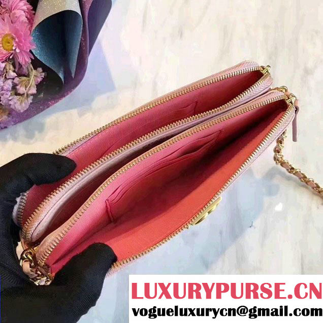 Chanel Grained Calfskin Boy Double Zipped Small Clutch Chain Phone Holder Bag A84069 Pink 2017