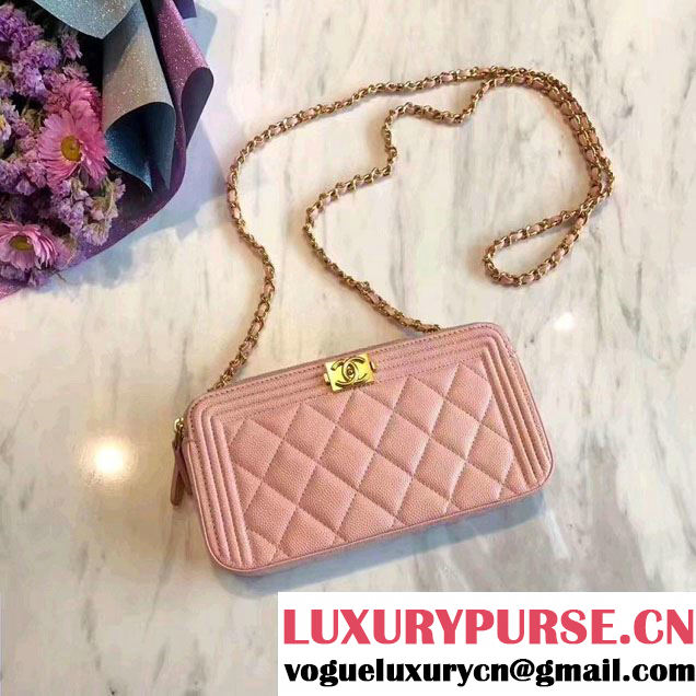 Chanel Grained Calfskin Boy Double Zipped Small Clutch Chain Phone Holder Bag A84069 Pink 2017