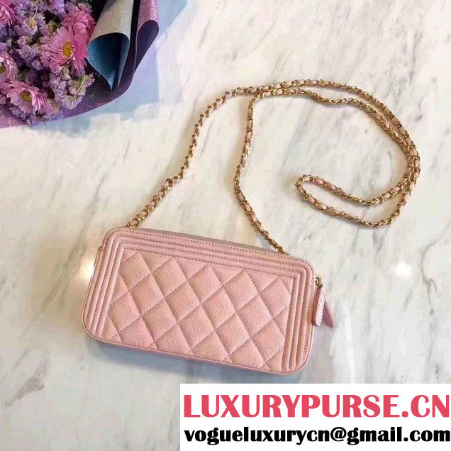 Chanel Grained Calfskin Boy Double Zipped Small Clutch Chain Phone Holder Bag A84069 Pink 2017
