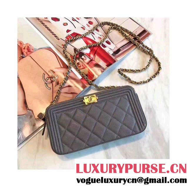 Chanel Grained Calfskin Boy Double Zipped Small Clutch Chain Phone Holder Bag A84069 Gray 2017