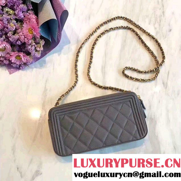 Chanel Grained Calfskin Boy Double Zipped Small Clutch Chain Phone Holder Bag A84069 Gray 2017