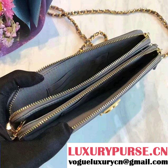 Chanel Grained Calfskin Boy Double Zipped Small Clutch Chain Phone Holder Bag A84069 Gray 2017