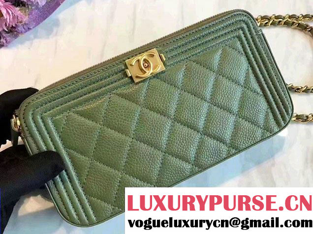 Chanel Grained Calfskin Boy Double Zipped Small Clutch Chain Phone Holder Bag A84069 Army Green 2017