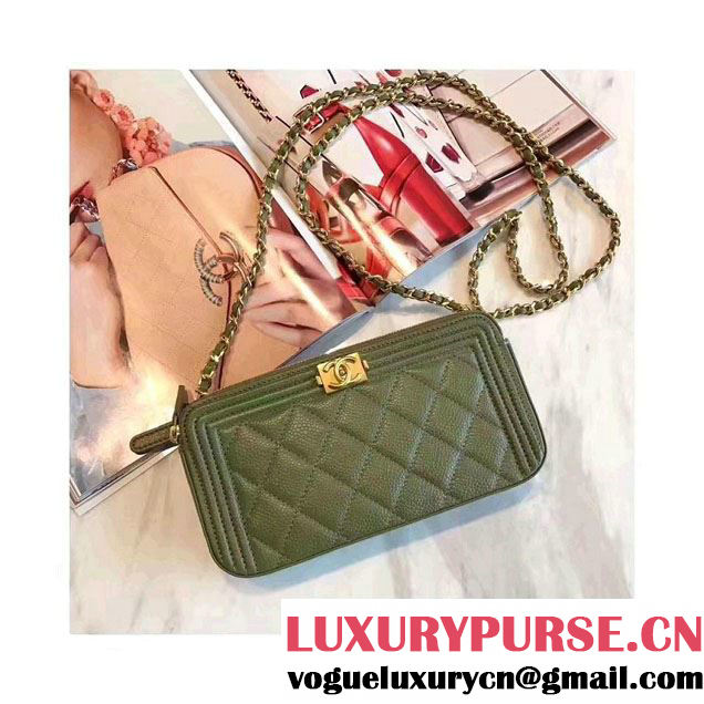 Chanel Grained Calfskin Boy Double Zipped Small Clutch Chain Phone Holder Bag A84069 Army Green 2017