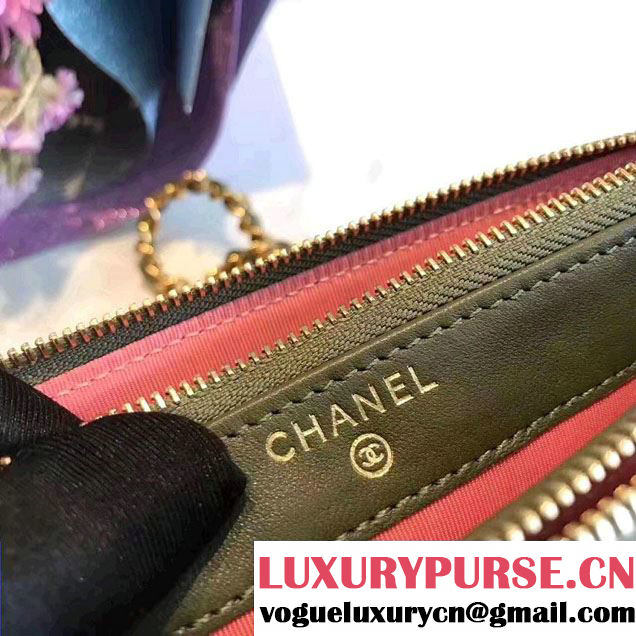 Chanel Grained Calfskin Boy Double Zipped Small Clutch Chain Phone Holder Bag A84069 Army Green 2017