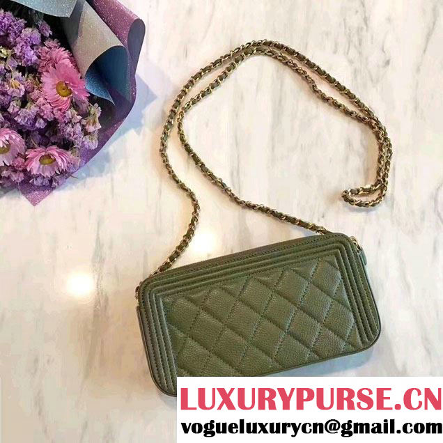Chanel Grained Calfskin Boy Double Zipped Small Clutch Chain Phone Holder Bag A84069 Army Green 2017