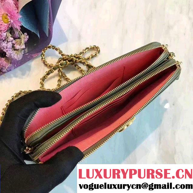 Chanel Grained Calfskin Boy Double Zipped Small Clutch Chain Phone Holder Bag A84069 Army Green 2017