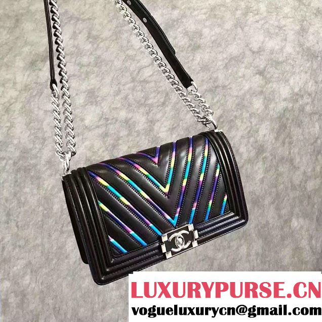 Chanel Chevron Iridescent PVC Medium Boy Flap Bag Black 2017