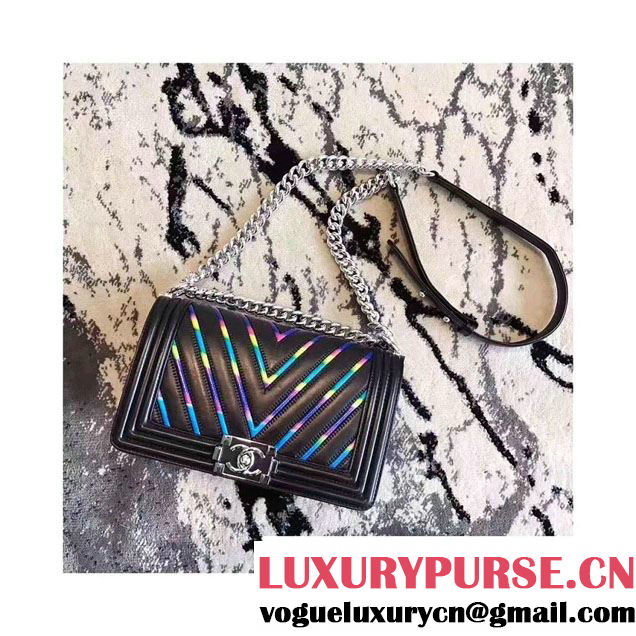 Chanel Chevron Iridescent PVC Medium Boy Flap Bag Black 2017