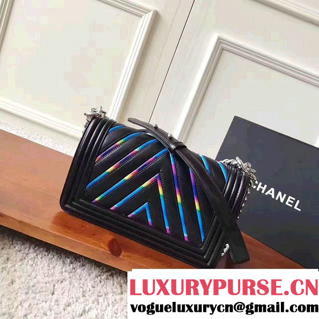 Chanel Chevron Iridescent PVC Medium Boy Flap Bag Black 2017