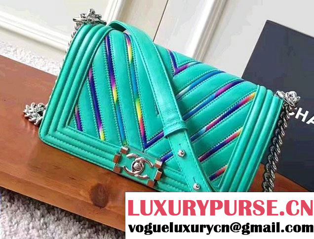 Chanel Chevron Iridescent PVC Medium Boy Flap Bag Green 2017