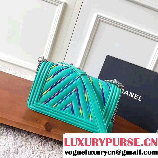 Chanel Chevron Iridescent PVC Medium Boy Flap Bag Green 2017