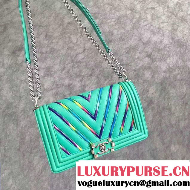 Chanel Chevron Iridescent PVC Medium Boy Flap Bag Green 2017