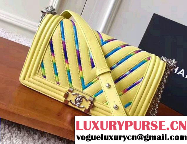 Chanel Chevron Iridescent PVC Medium Boy Flap Bag Yellow 2017