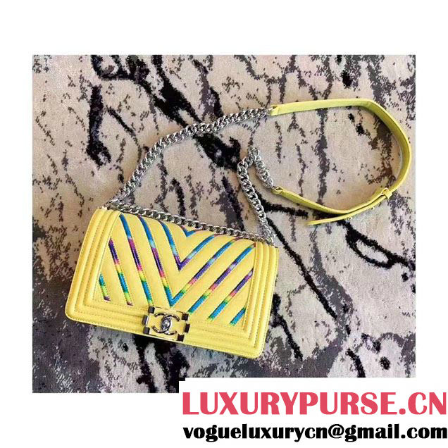 Chanel Chevron Iridescent PVC Medium Boy Flap Bag Yellow 2017