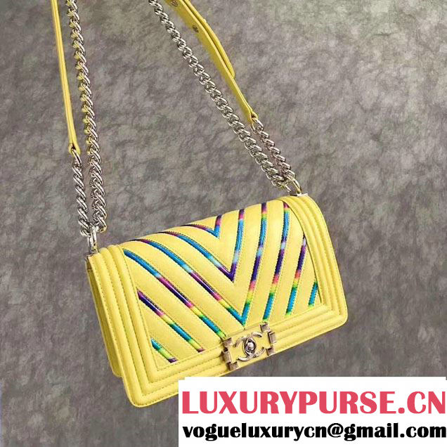 Chanel Chevron Iridescent PVC Medium Boy Flap Bag Yellow 2017