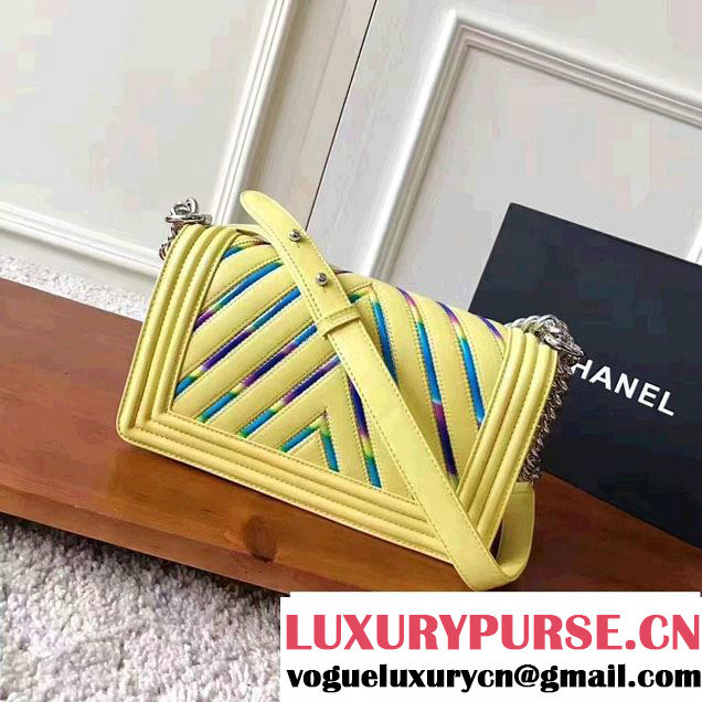 Chanel Chevron Iridescent PVC Medium Boy Flap Bag Yellow 2017