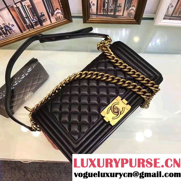 chanel original quality black sheepskin medium le boy bag with golden hardware