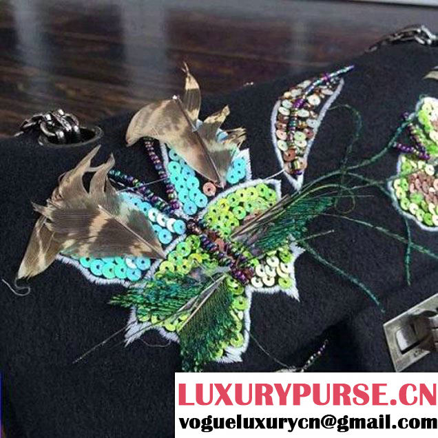 Chanel Felt 2.55 Flap Bag Embroidered with Butterfly and Feather A37586 Black Paris-Salzburg 2014/15 (2a136-073009 )