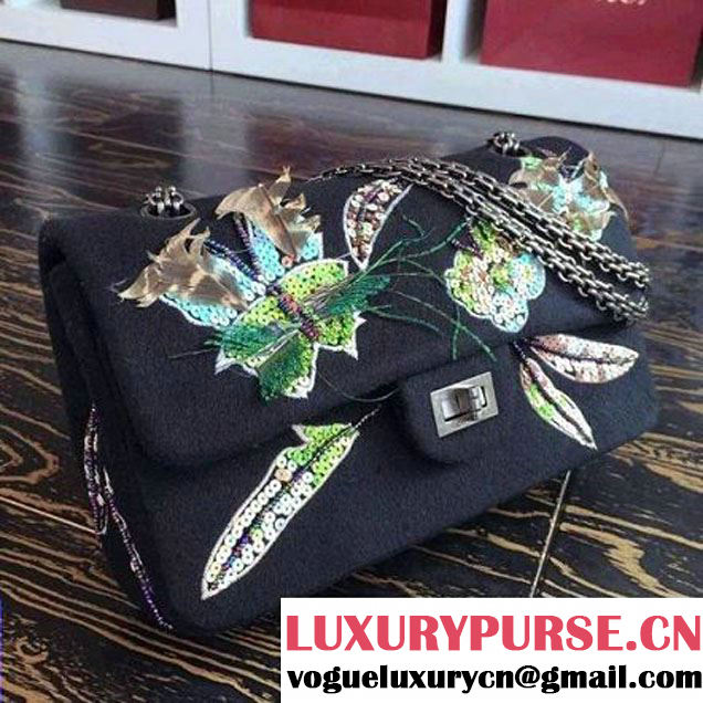 Chanel Felt 2.55 Flap Bag Embroidered with Butterfly and Feather A37586 Black Paris-Salzburg 2014/15 (2a136-073009 )