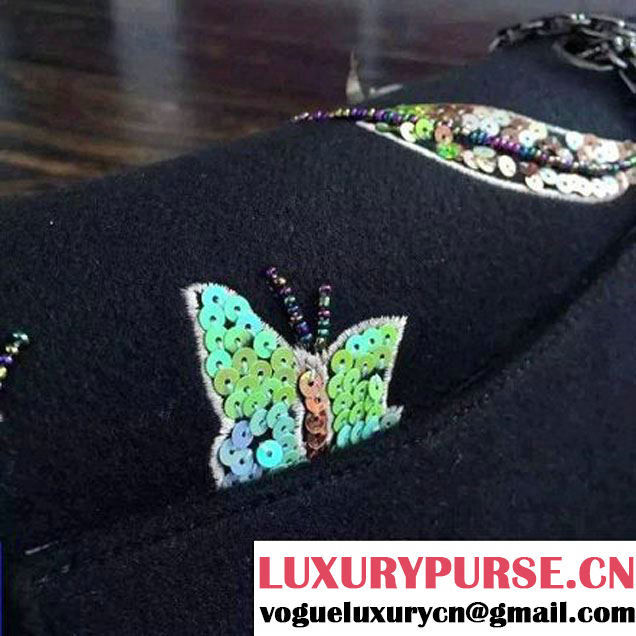 Chanel Felt 2.55 Flap Bag Embroidered with Butterfly and Feather A37586 Black Paris-Salzburg 2014/15 (2a136-073009 )