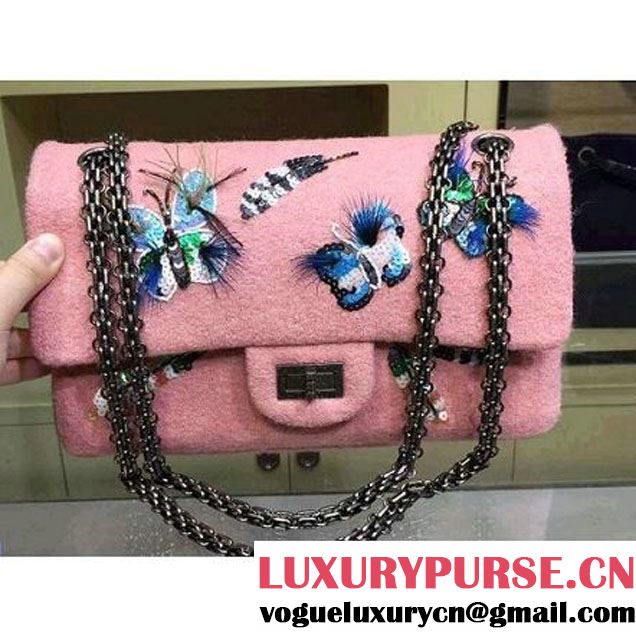 Chanel Felt 2.55 Flap Bag Embroidered with Butterfly and Feather A37586 Pink Paris-Salzburg 2014/15 (2a143-073010 )