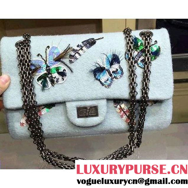 Chanel Felt 2.55 Flap Bag Embroidered with Butterfly and Feather A37586 Light Blue Paris-Salzburg 2014/15 (2a143-073011 )