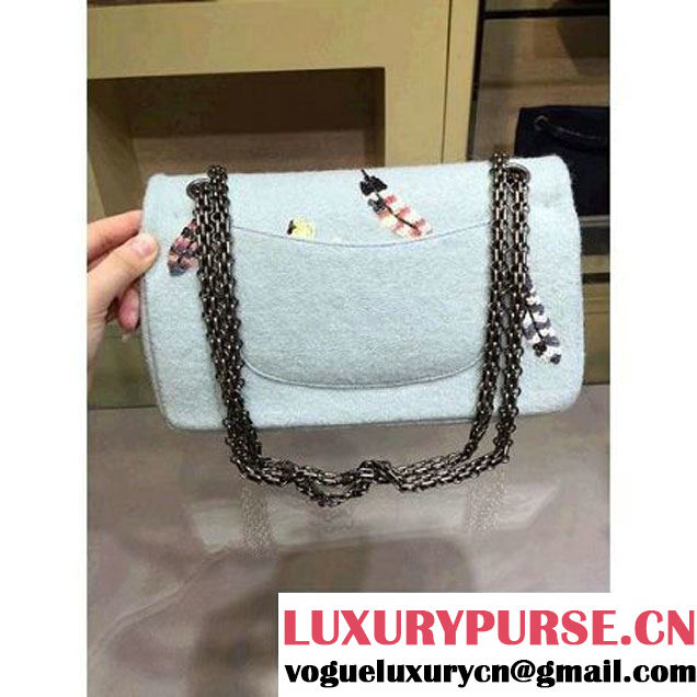 Chanel Felt 2.55 Flap Bag Embroidered with Butterfly and Feather A37586 Light Blue Paris-Salzburg 2014/15 (2a143-073011 )