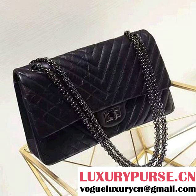 Chanel 2.55 Medium 226 Chevron Double Flap Bag In Black Aged Calfskin(Black Hardware) (1A001-6072135 )