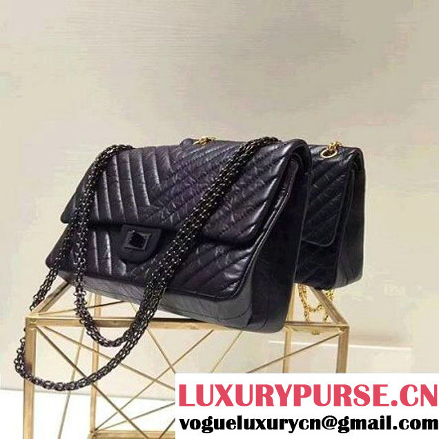 Chanel 2.55 Medium 226 Chevron Double Flap Bag In Black Aged Calfskin(Black Hardware) (1A001-6072135 )