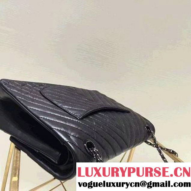 Chanel 2.55 Medium 226 Chevron Double Flap Bag In Black Aged Calfskin(Black Hardware) (1A001-6072135 )