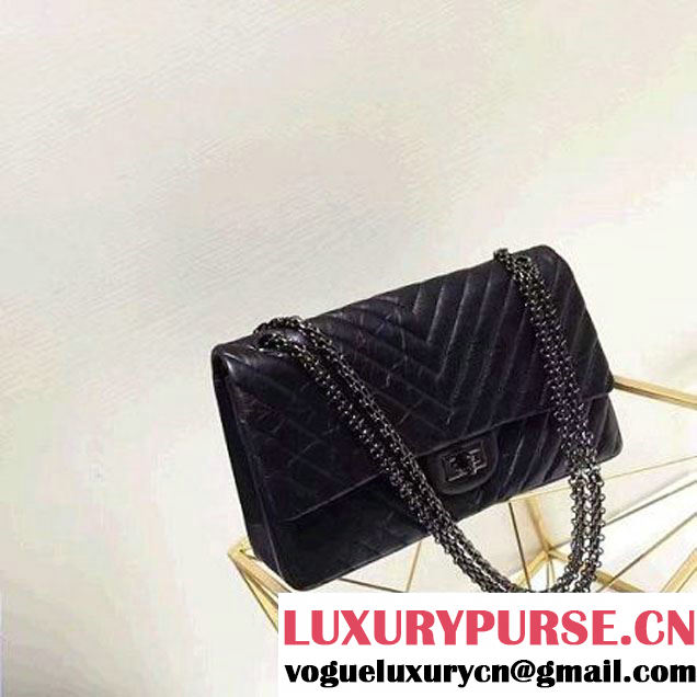 Chanel 2.55 Medium 226 Chevron Double Flap Bag In Black Aged Calfskin(Black Hardware) (1A001-6072135 )