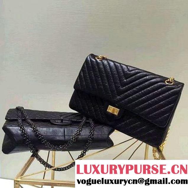 Chanel 2.55 Medium 226 Chevron Double Flap Bag In Black Aged Calfskin(Black Hardware) (1A001-6072135 )